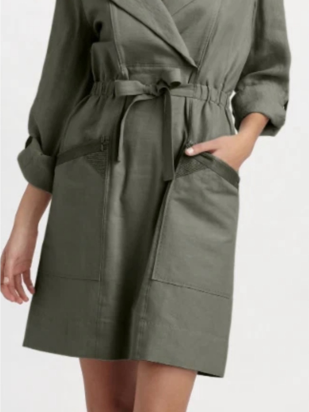 Elie Tahari Olive Tie-Waist Trench Linen Blend Dress